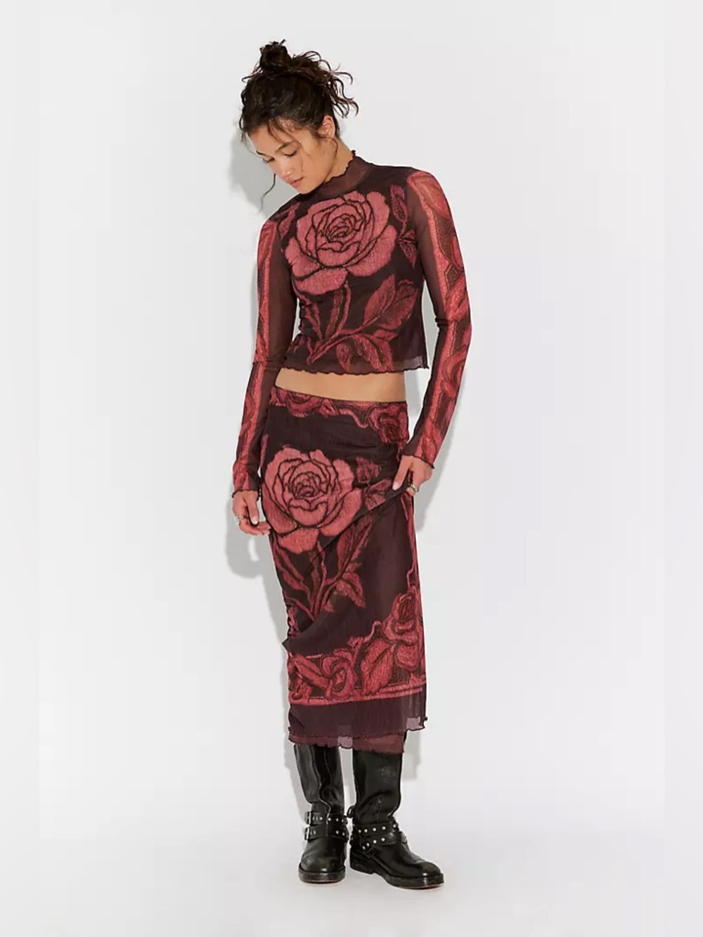 Free People Shadow Rose Mesh Skirt Set Red Small NWT Midi Outfit